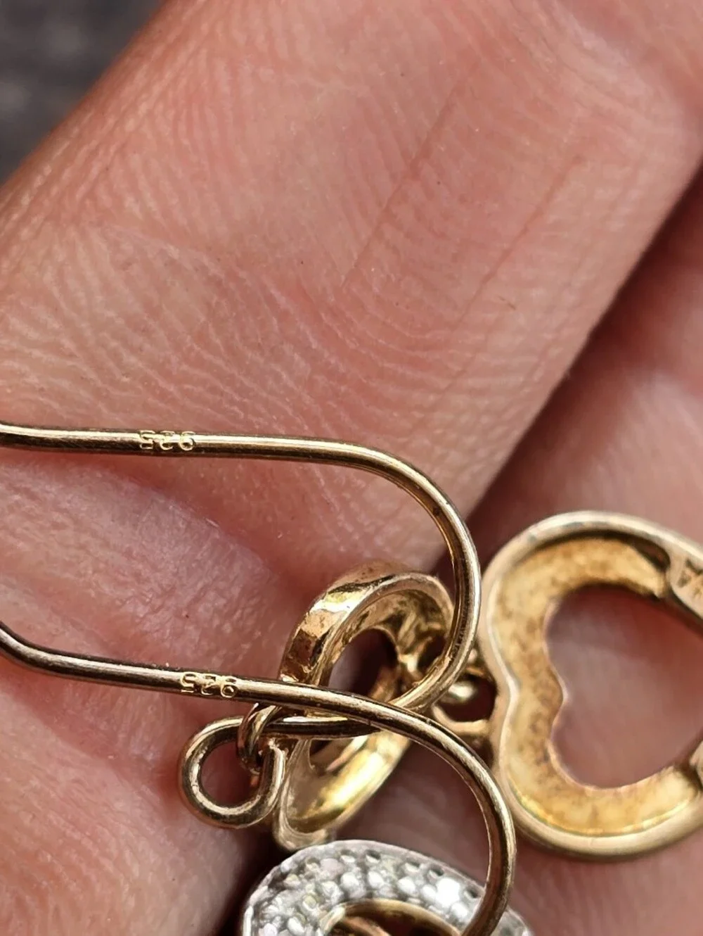 Fancy genuine diamond 925 sterling silver gold vermeil double heart dangle earri